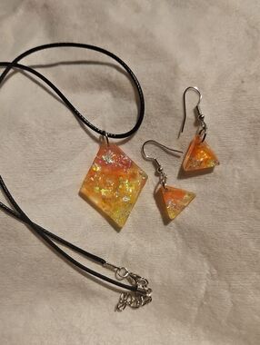 Orange Iridescent Resin Pendant Necklace with Matching Earrings
